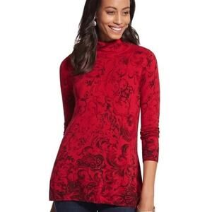 Chico's Black Red Damask Silk Blend Mock Neck Sweater Size Medium Artsy Boho EUC